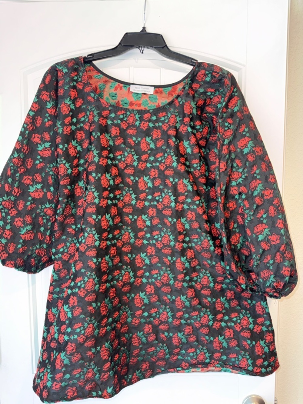 Women's Black Tunic with Red Rose Print and Puff Sleeves